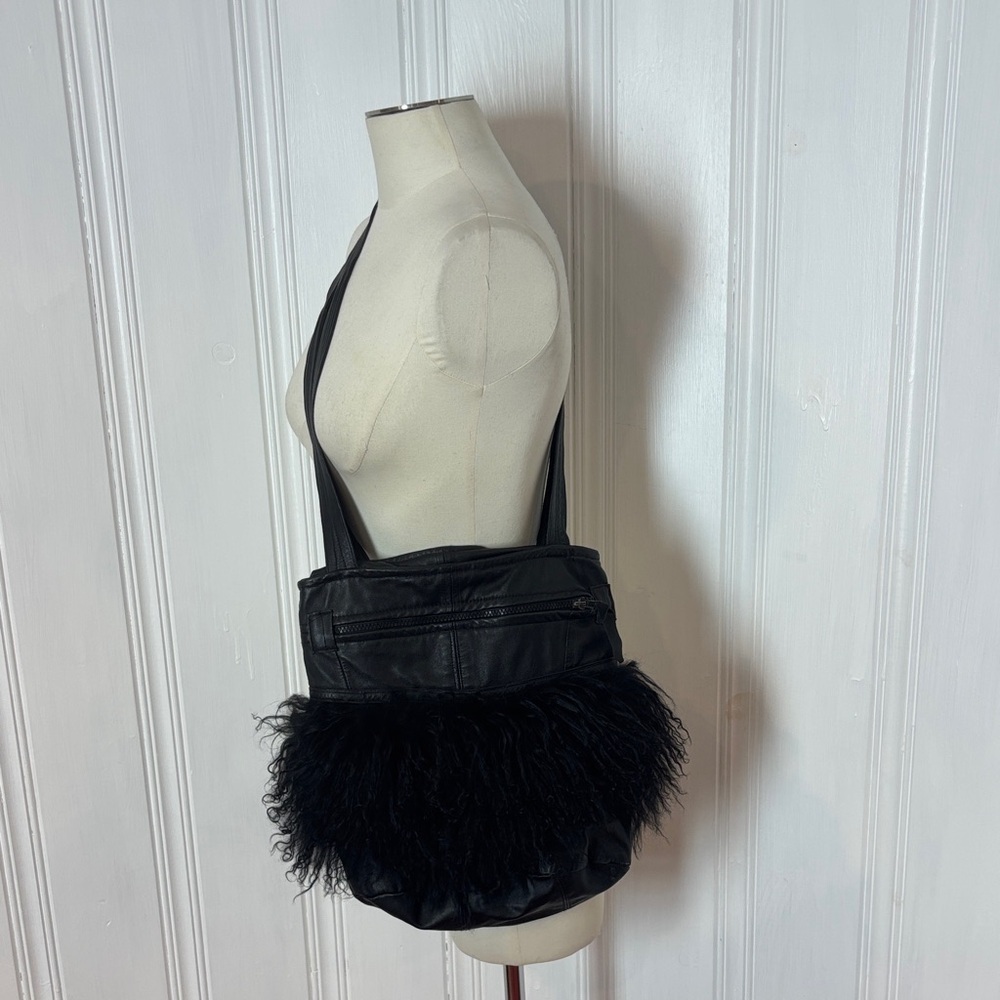 TRISTAN Black Leather & Real Fur Tote Bag | Crossbody | 12.5” x 14”